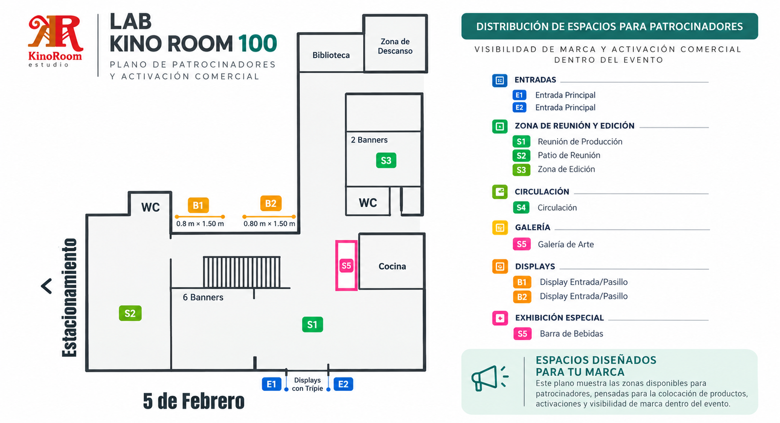 Plano comercial de LAB KINO ROOM 100 con la distribución de espacios para patrocinadores, exhibición de productos y activaciones de marca
